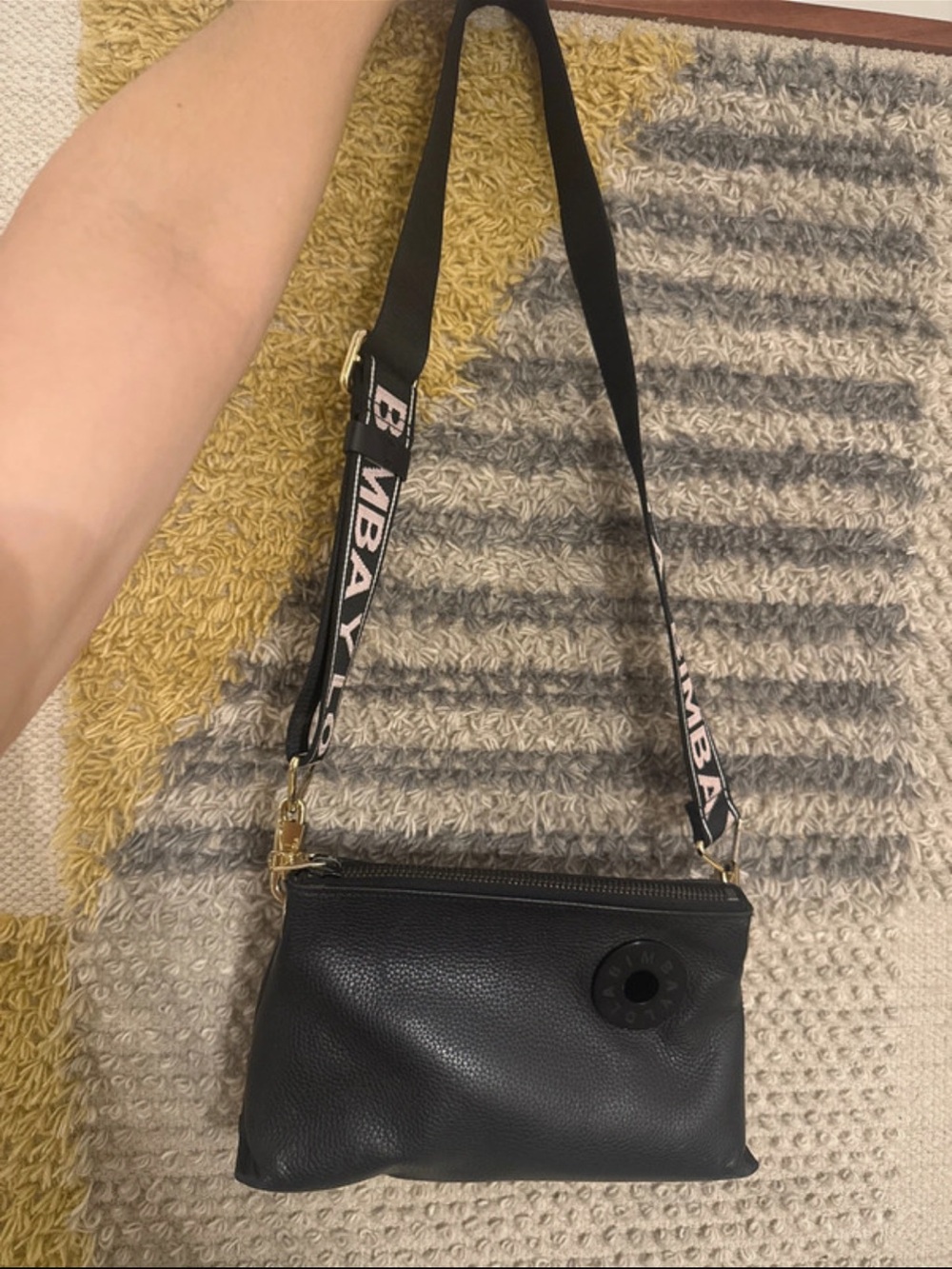 Black Pebbled Leather Crossbody Bag with Branded Webbing Strap